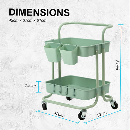 Trolley Cart Storage Utility Rack Shelf Organiser Swivel Kitchen 2 Tier GREEN