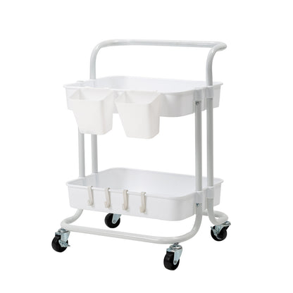 Trolley Cart Storage Utility Rack Shelf Organiser Swivel Kitchen 2 Tier WHITE