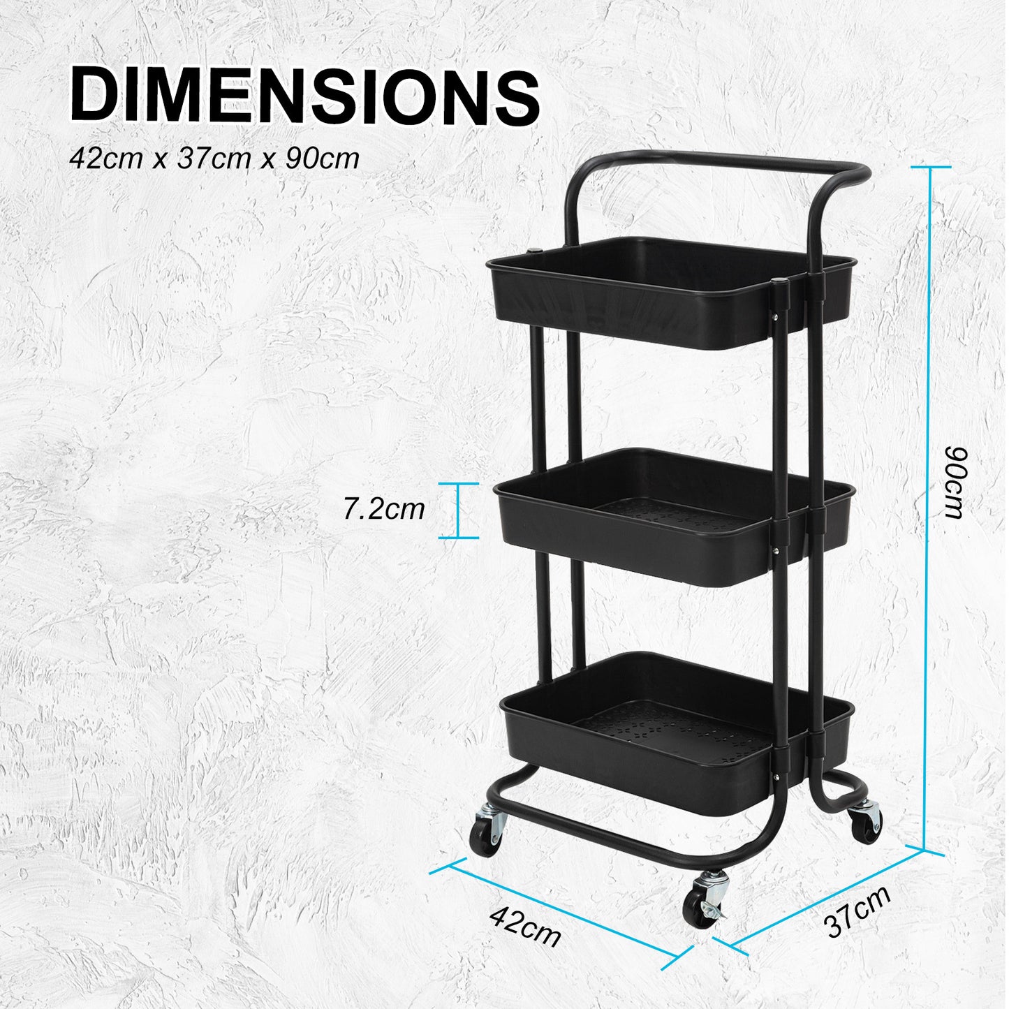 Trolley Cart Storage Utility Rack Shelf Organiser Swivel Kitchen 3 Tier BLACK