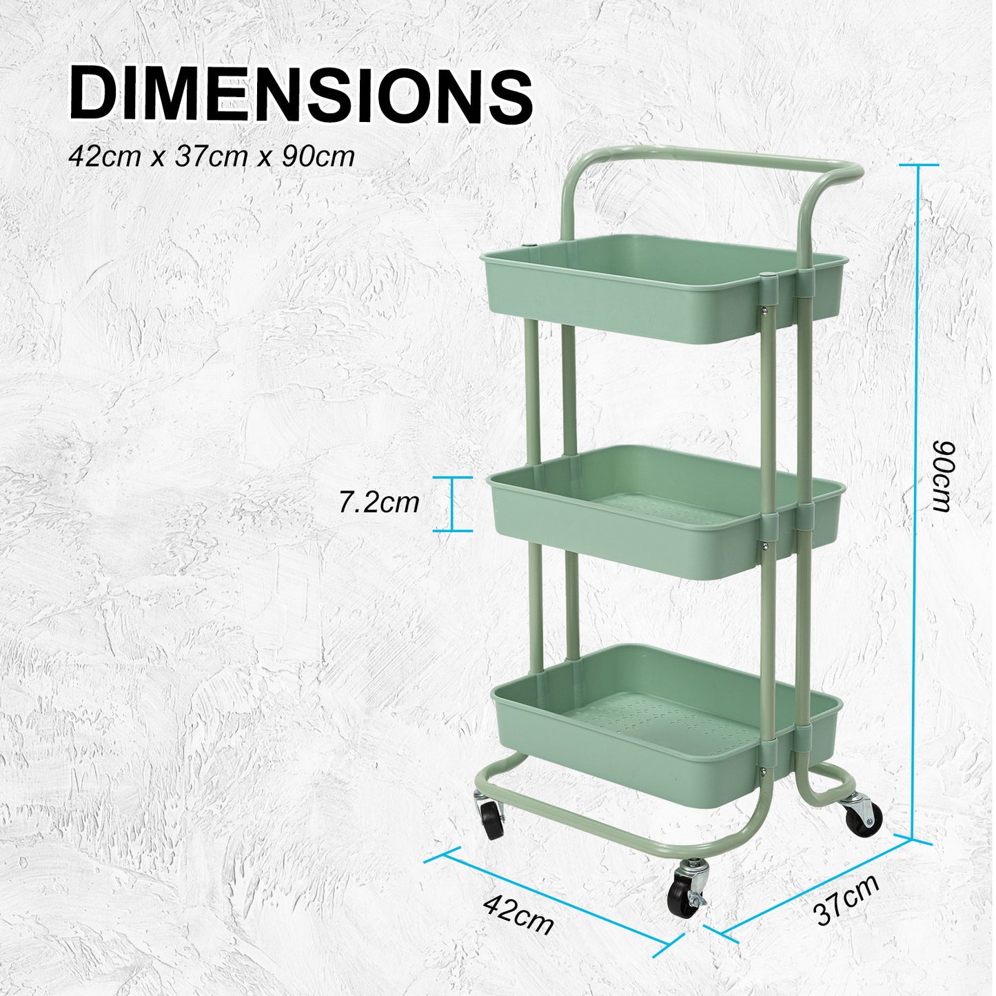 Trolley Cart Storage Utility Rack Shelf Organiser Swivel Kitchen 3 Tier GREEN