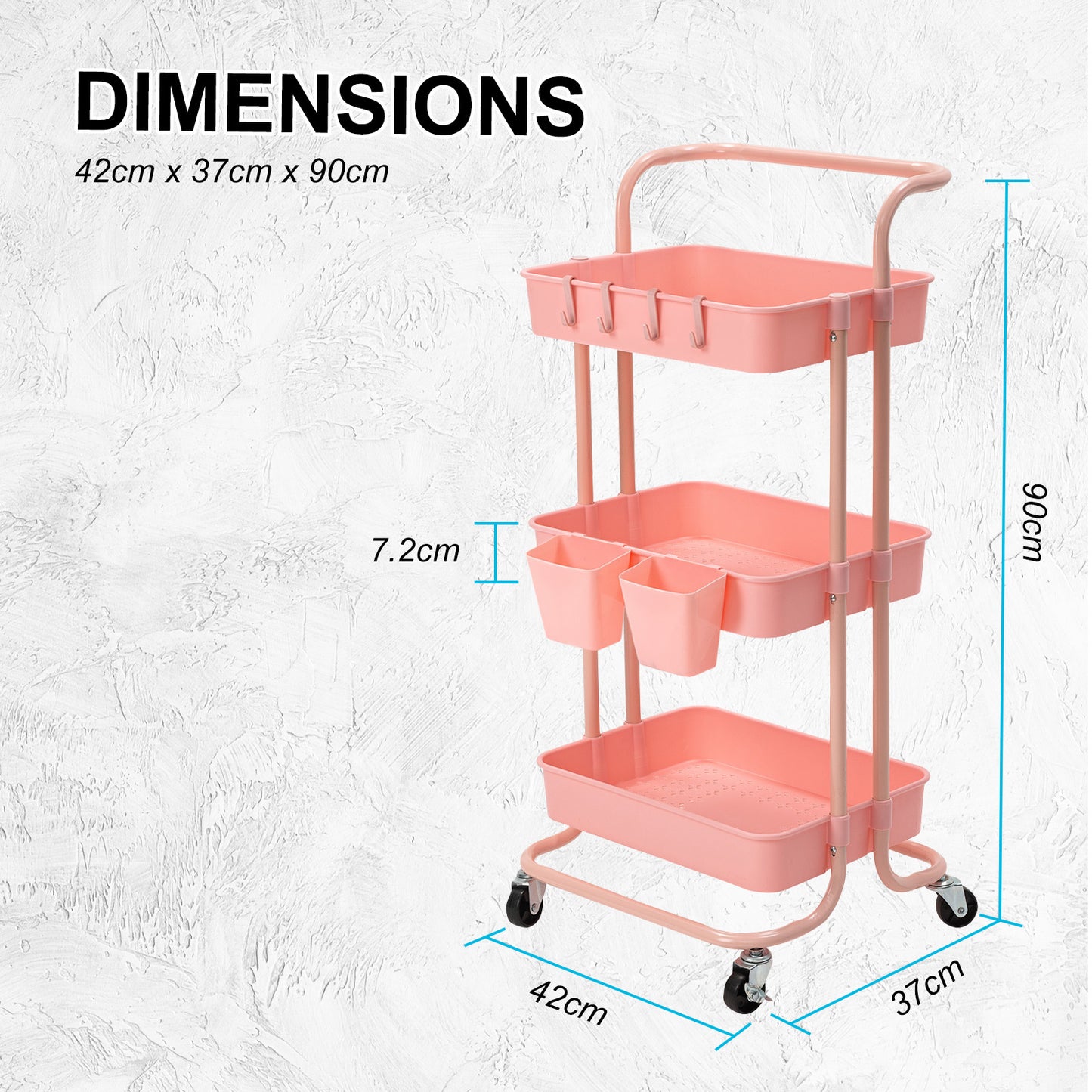 Trolley Cart Storage Utility Rack Shelf Organiser Swivel Kitchen 3 Tier PINK