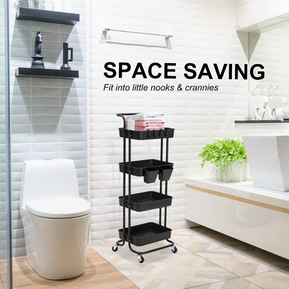 Trolley Cart Storage Utility Rack Shelf Organiser Swivel Kitchen 4 Tier BLACK