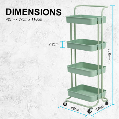 Trolley Cart Storage Utility Rack Shelf Organiser Swivel Kitchen 4 Tier GREEN