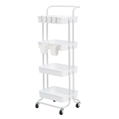 Trolley Cart Storage Utility Rack Shelf Organiser Swivel Kitchen 4 Tier WHITE