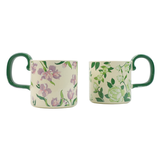 2X High-Fired Ceramic Porcelain Mug Set with Lid 400ml Vintage Floral Tea Spoon GREEN