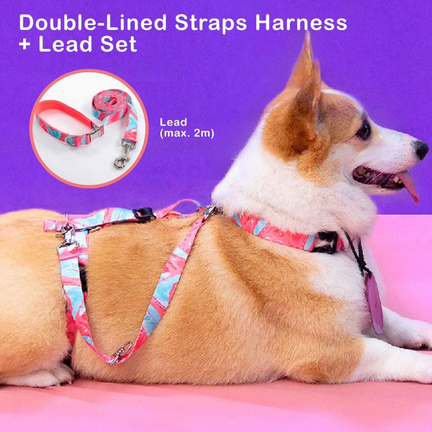 Dog Double-Lined Straps Harness and Lead Set Leash Adjustable S MARBLE PINK