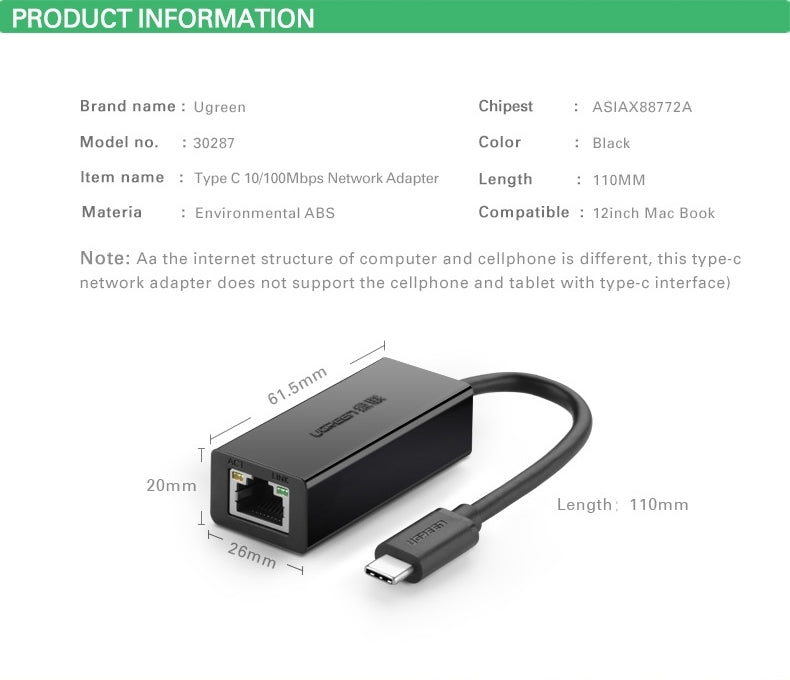 UGREEN 30287 USB-C 10/100Mbps Ethernet Adapter