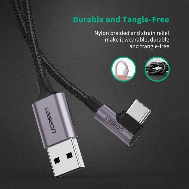 UGREEN USB-C to Angled USB2.0-C Round Cable M/M Aluminum Shell Nickel Plating 1m (Gray Black) 50123