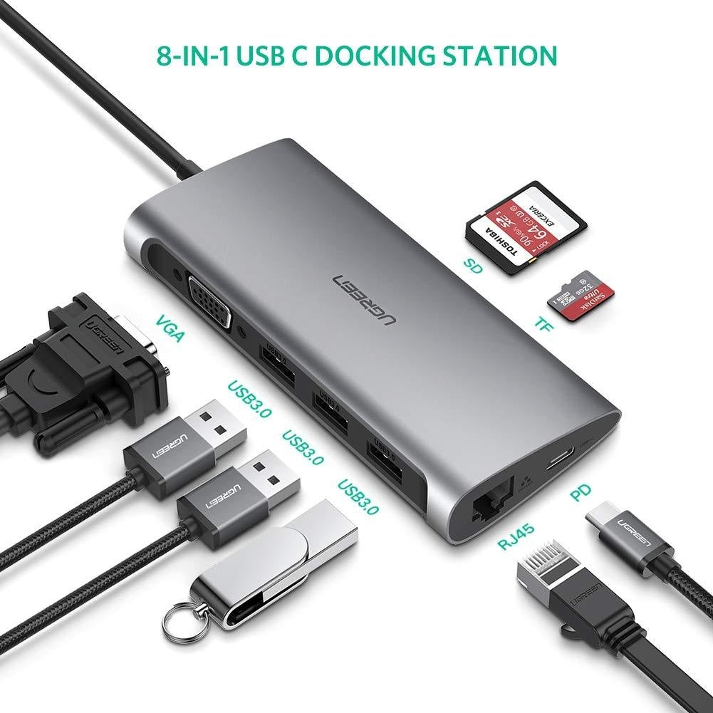 UGREEN Type C 8 in 1 Multifultion adaptor VGA/RJ45/USB3.0 x 3/SD/TF/TypeC PD Protocal (50539)