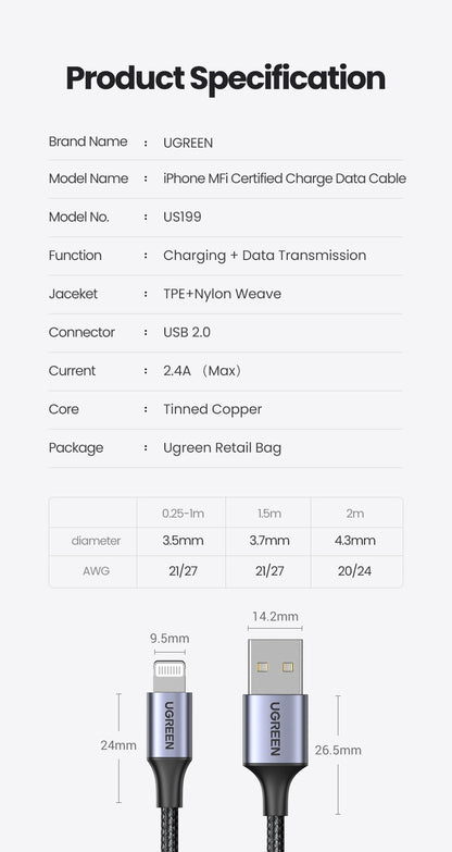 UGREEN 60163 USB-A to 8-pin iPhone Charging Cable 2M Silver