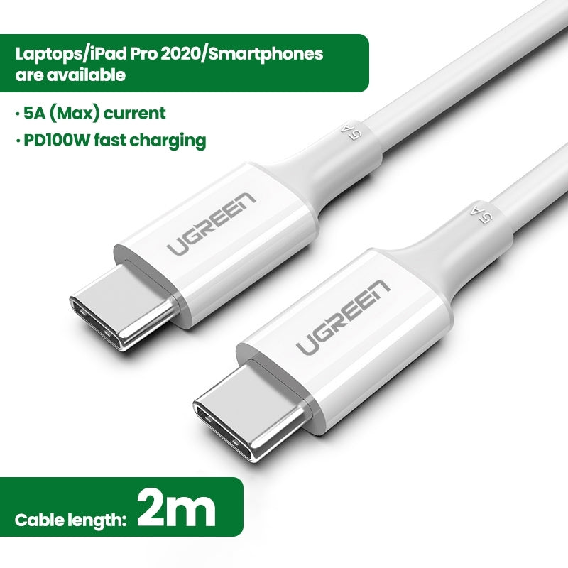 UGREEN 60552 USB-C 2.0 to TYPE-C Male to Male Data Cable 5A 2M White