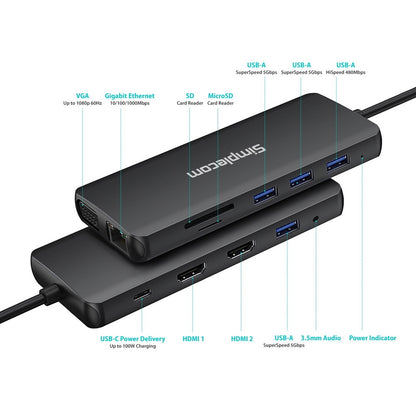 Simplecom CHN612 USB-C 12-in-1 Multiport Docking Station Dual HDMI + VGA Triple Display Gigabit LAN