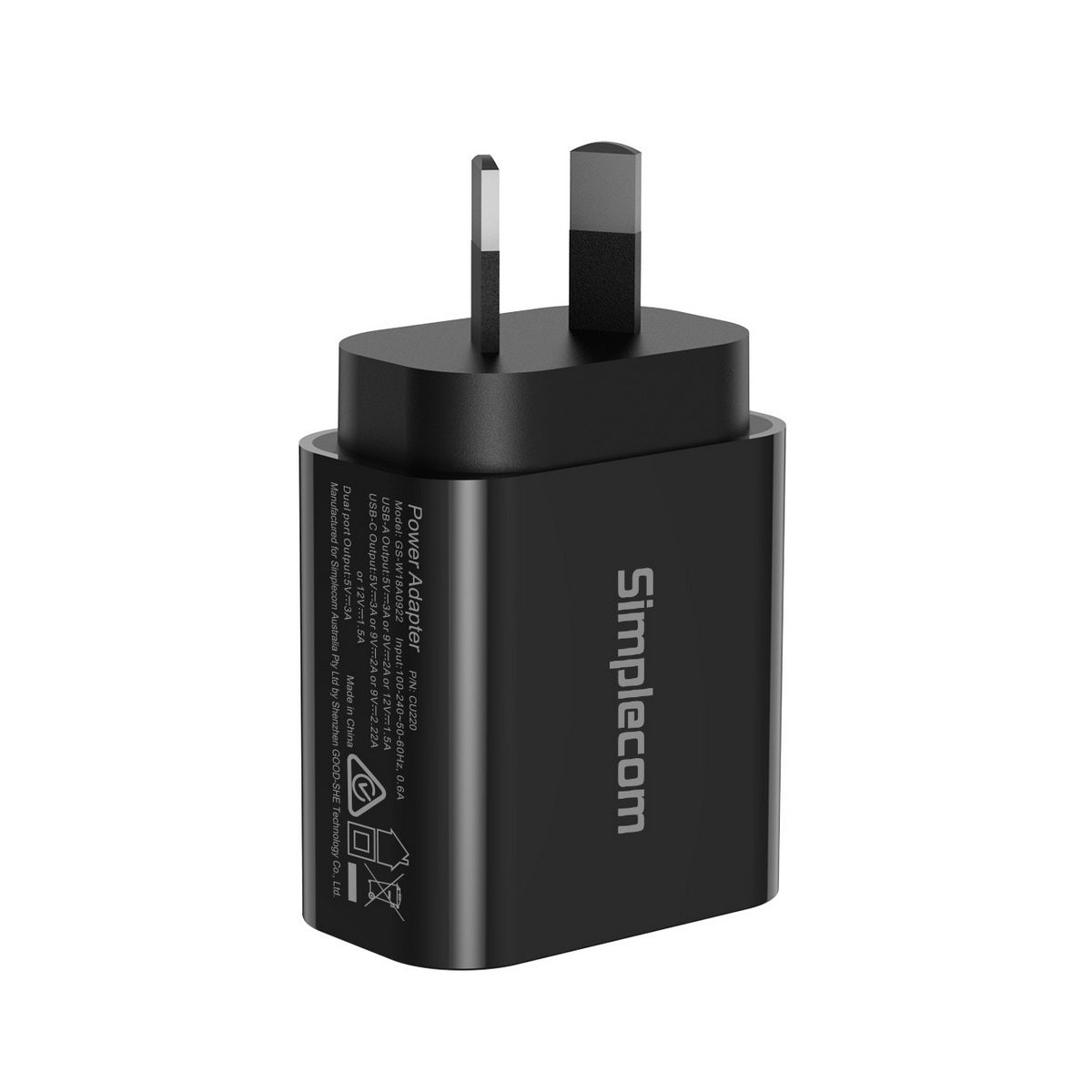 Simplecom CU220 Dual Port PD 20W Fast Wall Charger USB-C + USB-A for Phone Tablet