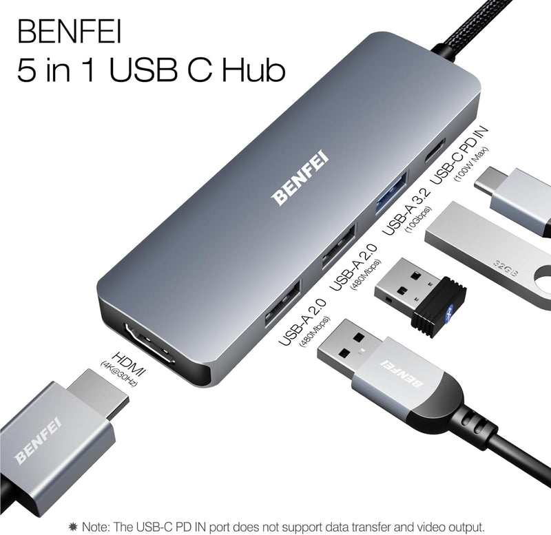 BENFEI USB C Hub 5-in-1 with 4K HDMI(Certified) Aluminum Case