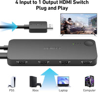 BENFEI 365BK HDMI Switch 4 in 1 Out 4K@60Hz, 2K@144Hz, HDCP 2.3 (with Adaptive Equalization Support 30ft HDMI Transmit)