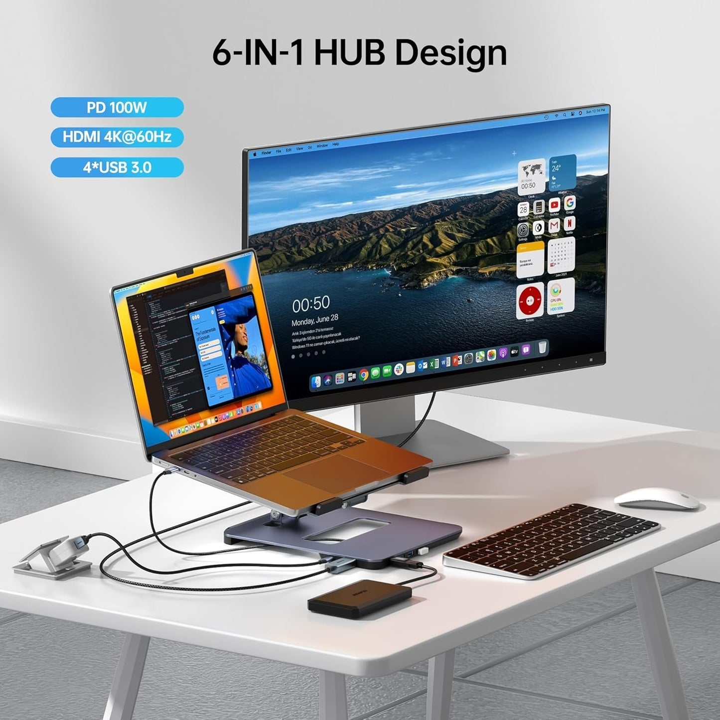 BENFEI 380GY Laptop Stand with USB C 6 in1 4K@60Hz HDMI, 4 x USB3.0, 100W PD Docking Station