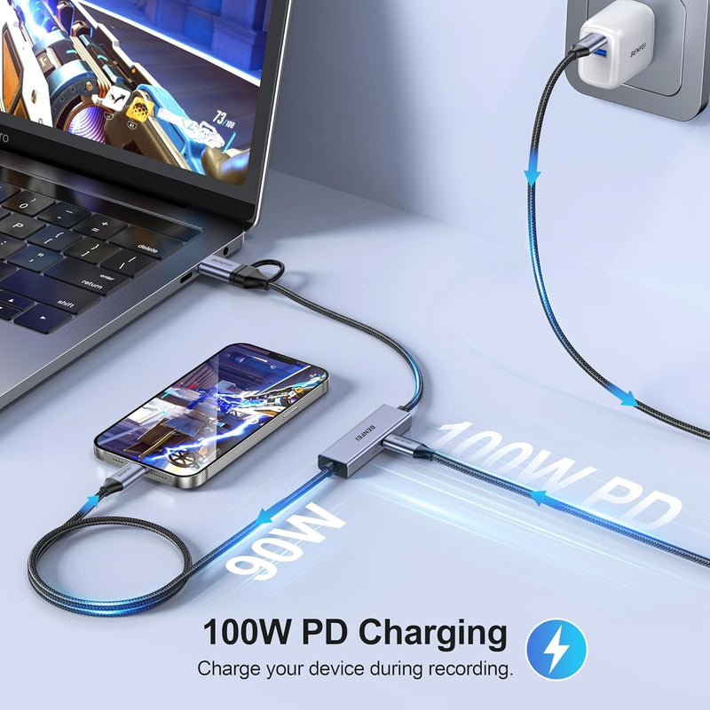 BENFEI 408GY USB-C to USB-C+A + PD (100W) Video/Audio Capture Card Supporting Full HD 1080P 60FPS for Streaming, Recording, Gaming