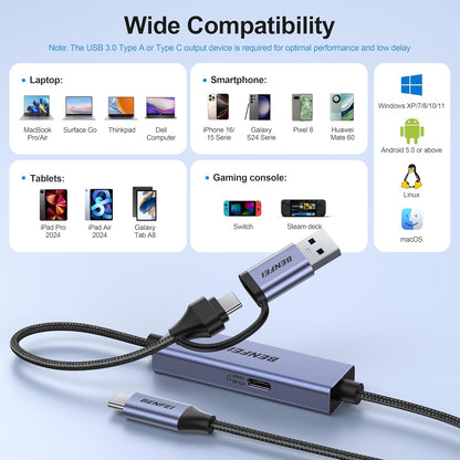 BENFEI 408GY USB-C to USB-C+A + PD (100W) Video/Audio Capture Card Supporting Full HD 1080P 60FPS for Streaming, Recording, Gaming