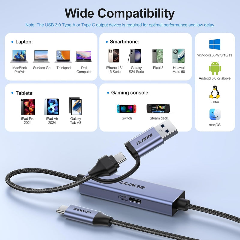 BENFEI 408GY USB-C to USB-C+A + PD (100W) Video/Audio Capture Card Supporting Full HD 1080P 60FPS for Streaming, Recording, Gaming