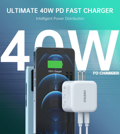 Choetech PD6009 40W Dual Fast USB C Charger 2-Port 20W PD 3.0 With Foldable Plug