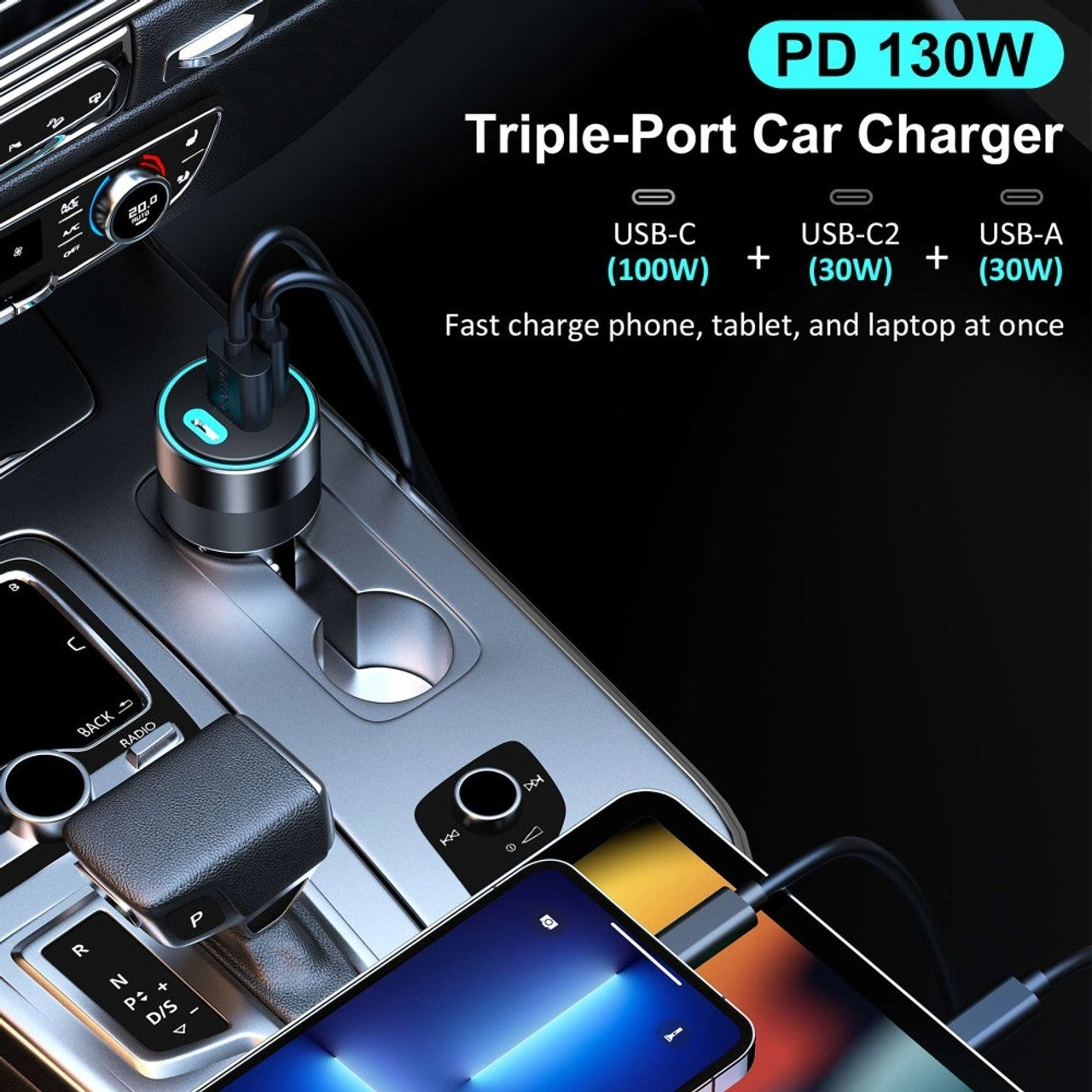 CHOETECH TC0011 130W 3 Ports (Dual USB-C Port PD3.0 + USB-A Port) Fast Car Charger