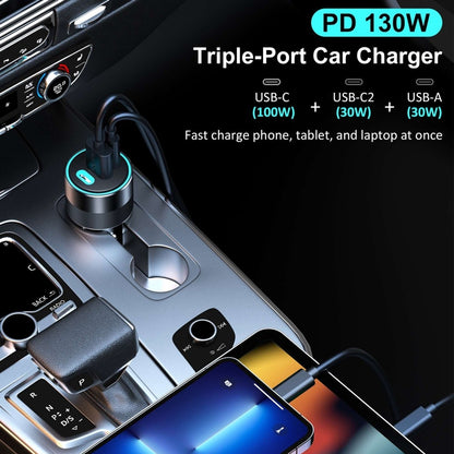 CHOETECH TC0011 130W 3 Ports (Dual USB-C Port PD3.0 + USB-A Port) Fast Car Charger