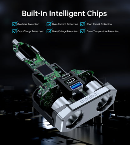 CHOETECH TC0020 45W 2 Sockets + 2x USB-C + 1x USB-A Cigarette Lighter Splitter