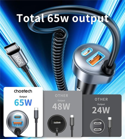 CHOETECH TC0030 65W 3-Port Fast Car Charger with 3.3ft Type-C Stretchable Cable