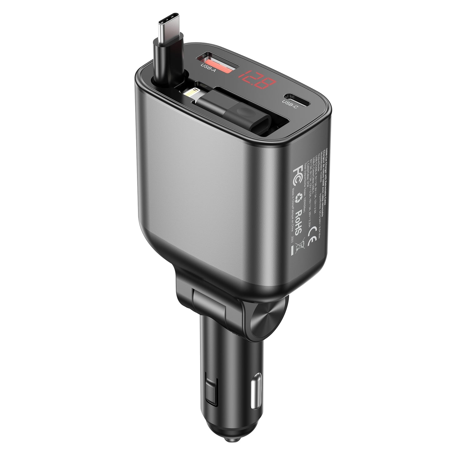 CHOETECH TC0033 105W USB-C+USB-A Fast car charger with Stretchable USB-C + Lightning cables