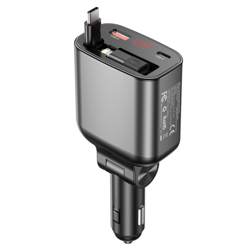 CHOETECH TC0033 105W USB-C+USB-A Fast car charger with Stretchable USB-C + Lightning cables