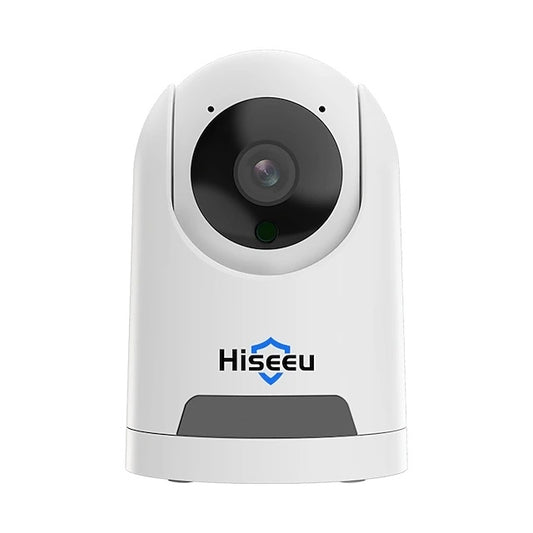 A white Hiseeu wireless home security camera with a black lens, visible LED indicators, and branding on the front.