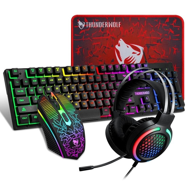 T-Wolf TF400 4-pcs Rainbow Keyboard/Mouse/Headphone/Mouse Pad Kit Set