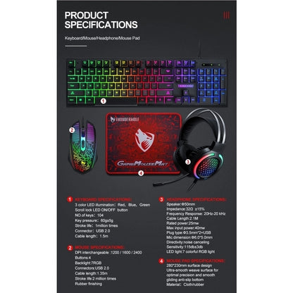 T-Wolf TF400 4-pcs Rainbow Keyboard/Mouse/Headphone/Mouse Pad Kit Set