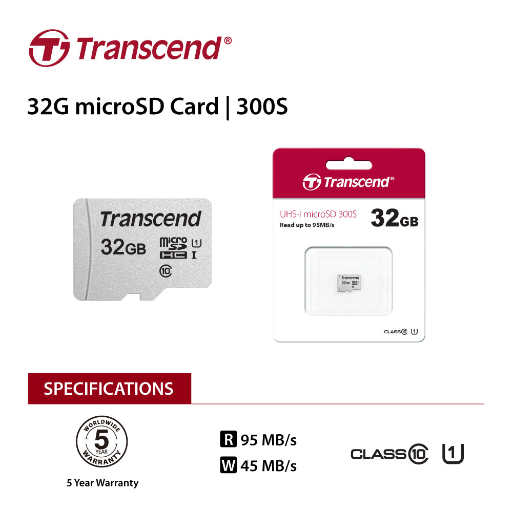 TRANSCEND TS32GUSD300S 32GB UHS-I U1 microSD w/o Adapter  (microSDHC I, C10, U1)