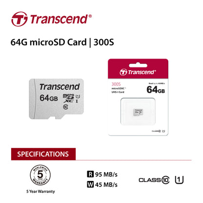 TRANSCEND TS64GUSD300S 64GB UHS-I U1 microSD w/o Adapter  (microSDHC I, C10, U1)