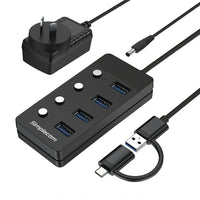 Simplecom CH345C SuperSpeed USB-A and USB-C to 4-Port USB 3.0 Hub 5Gbps Individual Switches and Power Adapter