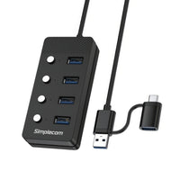 Simplecom CH345C SuperSpeed USB-A and USB-C to 4-Port USB 3.0 Hub 5Gbps Individual Switches and Power Adapter