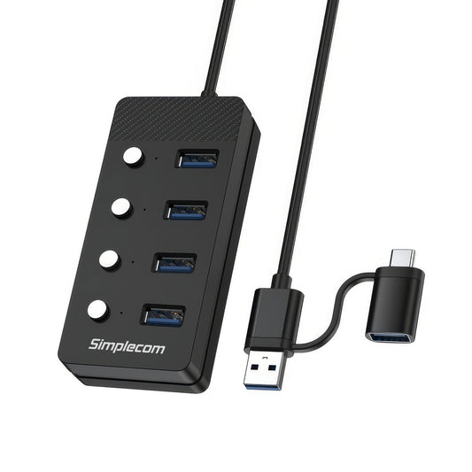 Simplecom CH345C SuperSpeed USB-A and USB-C to 4-Port USB 3.0 Hub 5Gbps Individual Switches and Power Adapter