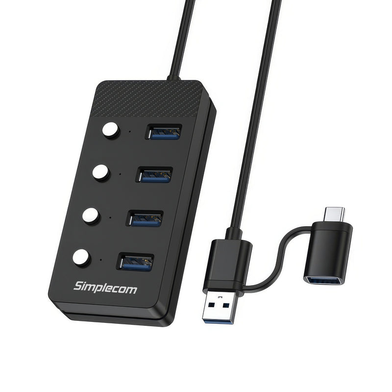 Simplecom CH345C SuperSpeed USB-A and USB-C to 4-Port USB 3.0 Hub 5Gbps Individual Switches and Power Adapter