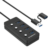 Simplecom CH345C SuperSpeed USB-A and USB-C to 4-Port USB 3.0 Hub 5Gbps Individual Switches and Power Adapter