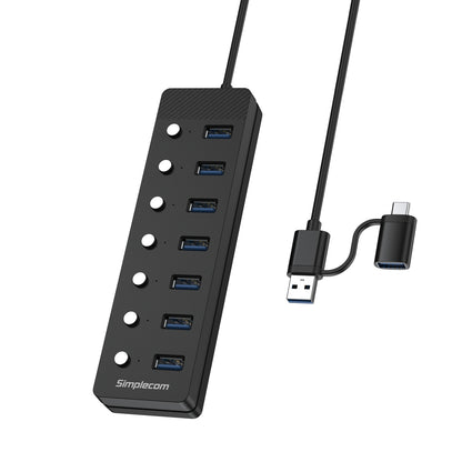 Simplecom CH375C USB-A and USB-C to 7-Port USB 3.0 Hub 5Gbps Individual Switches and Power Adapter