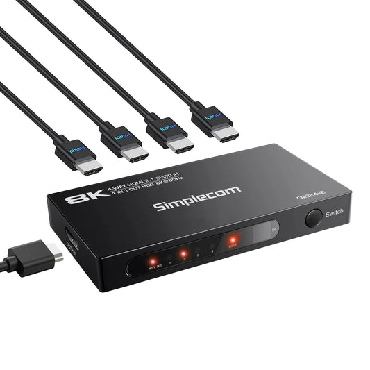 Simplecom CM324v2 4-Port HDMI 2.1 Switch with Remote 4 IN 1 OUT Splitter HDCP 2.3 8K@60Hz
