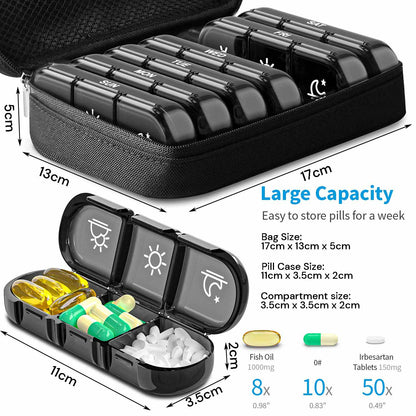 Weekly Pill Organizer 3 Times a Day Pill Box Daily Pill Case Vitamin, Medicine Case Black