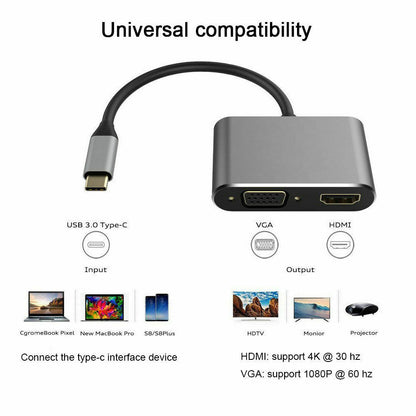 USB Type C to HDMI 4K VGA Adapter For Macbook Chromebook Pixel XPS 13 iPad Pro