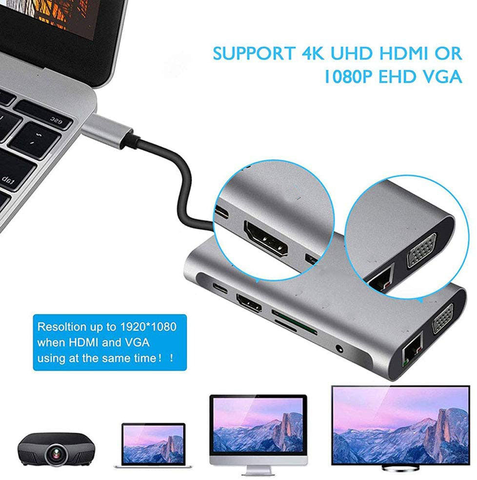 USB HUB C 10 in 1 Type C Adapter Dock 3 USB 3.0 Port 4K HDMI 1080P VGA RJ45 Ethernet