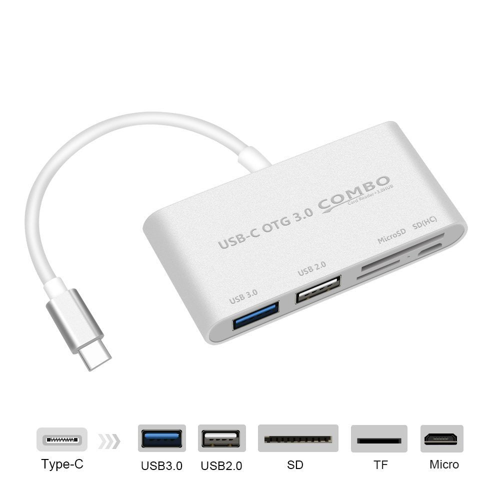 USB-C OTG Hub to USB 3.0 2.0+TF Card Reader Micro USB Power Charging Port