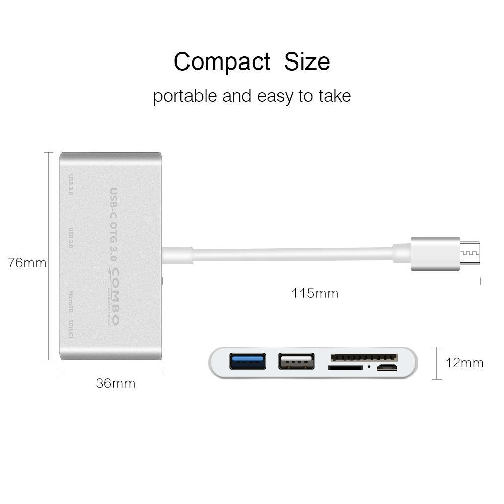 USB-C OTG Hub to USB 3.0 2.0+TF Card Reader Micro USB Power Charging Port