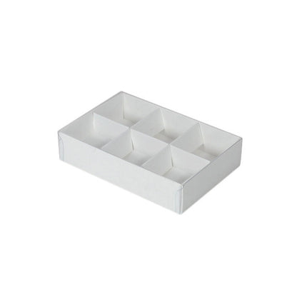 100 Pack of White Card Chocolate Sweet Soap Product Reatail Gift Box - 6 Bay Compartments - Clear Slide On Lid - 12x8x3cm