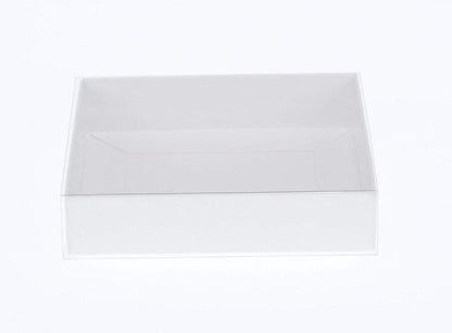 100 Pack of White Card Box - Clear Slide On Lid - 17 x 25 x 5cm -  Large Beauty Product Gift Giving Hamper Tray Merch Fashion Cake Sweets Xmas