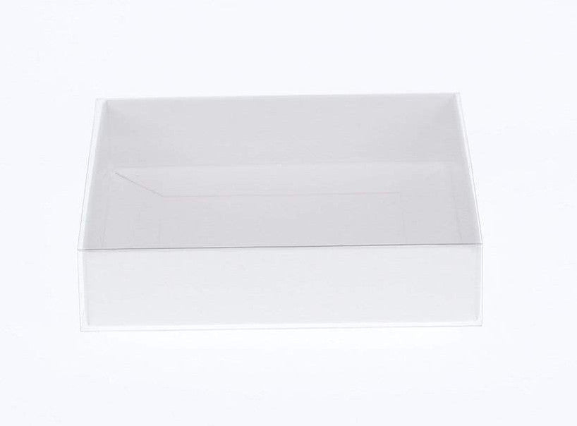 100 Pack of White Card Box - Clear Slide On Lid - 25 x 25 x 6cm - Large Beauty Product Gift Giving Hamper Tray Merch Fashion Cake Sweets Xmas